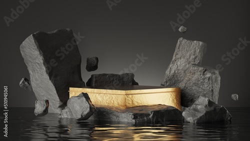 3d render, abstract background with empty golden stage, black broken rocks cobble stone ruins standing in the water with reflections. Futuristic showcase scene for product presentation photo