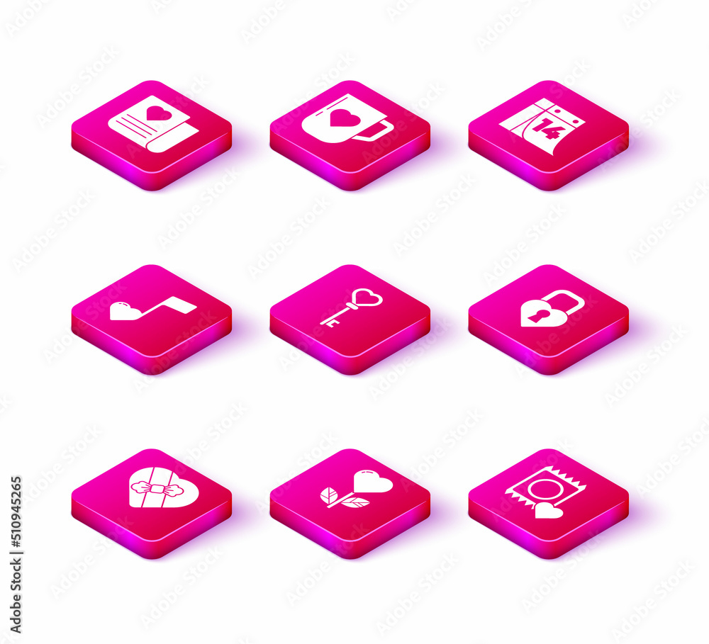 Set Candy in heart shaped box, Heart flower, Music note, tone with hearts, Key, Condom package, Castle the of, Calendar February 14 and Coffee cup icon. Vector Set Candy in heart shaped box, Heart flower, Music note, tone with hearts, Key, Condom package, Castle the of, Calendar February 14 and Coffee cup icon. Vector