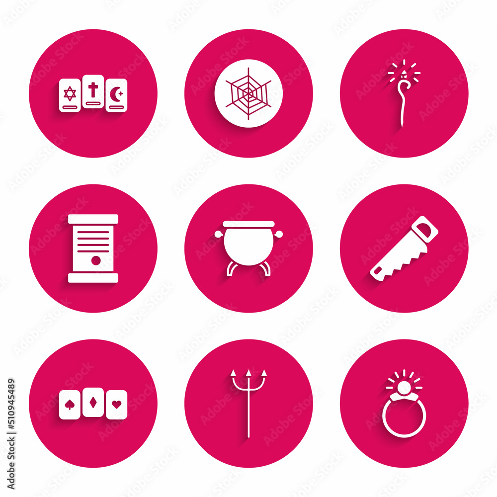 Set Witch cauldron, Neptune Trident, Magic stone ring with gem, Hand saw, Playing cards, Decree, paper, parchment, scroll, staff and Three tarot icon. Vector Set Witch cauldron, Neptune Trident, Magic stone ring with gem, Hand saw, Playing cards, Decree, paper, parchment, scroll, staff and Three tarot icon. Vector
