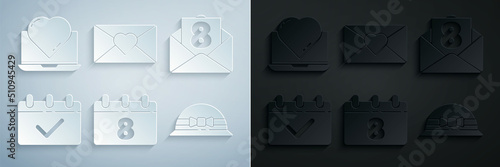 Set Calendar with 8 March, Envelope, Elegant women hat, and Online dating app and chat icon. Vector