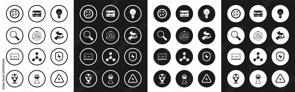 Set Light bulb with concept of idea, Solar system, Magnifying glass, Bacteria, Test tube and flask, Equation solution, Secure shield lightning and icon. Vector Set Light bulb with concept of idea, Solar system, Magnifying glass, Bacteria, Test tube and flask, Equation solution, Secure shield lightning and icon. Vector