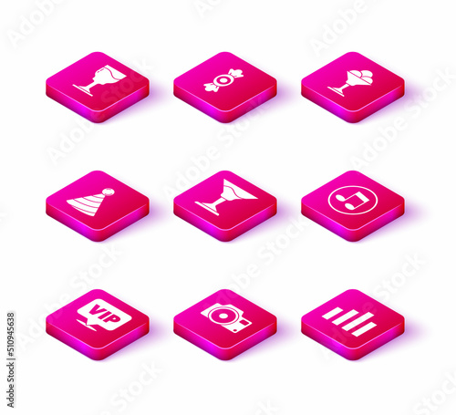 Set Location Vip, Photo camera, Party hat, Cocktail, Music equalizer, note, tone, Ice cream in bowl and Candy icon. Vector