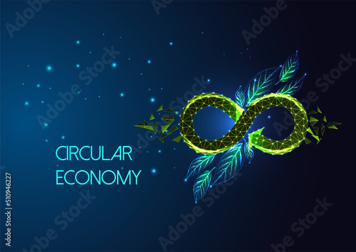 Concept of circular economy with infinity loop and green leaves on dark blue background.