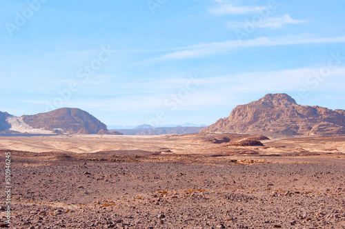 Wild Sahara desert with mountains rising from sands on horizon on hot sunny summer day. Beautiful landscape of wild sandy area under blue sky and white clouds