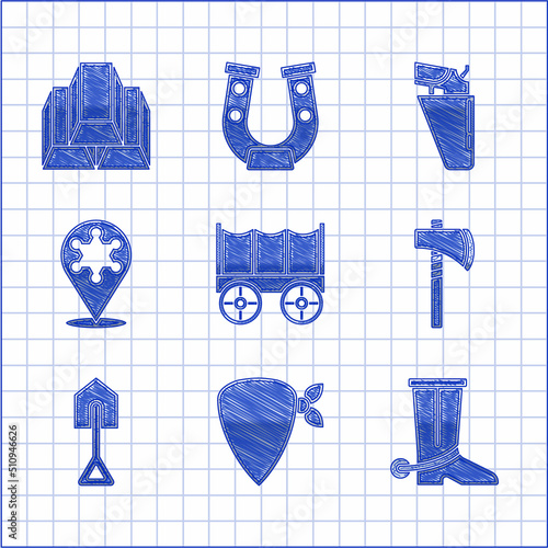 Set Wild west covered wagon, Cowboy bandana, boot, Tomahawk axe, Shovel, Hexagram sheriff, Revolver gun in holster and Gold bars icon. Vector