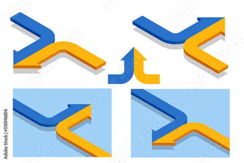 Isometric arrow of two blue and yellow ones merging