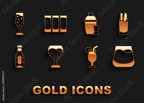 Set Wine glass, Cocktail Bloody Mary, Glass of whiskey, Beer bottle, shaker, champagne and Shot icon. Vector
