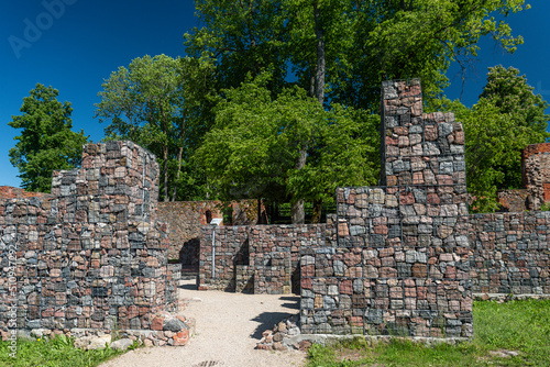 Retaining wall gabion baskets, Gabion wall caged stones textured background. Gabion wall caged stones. photo