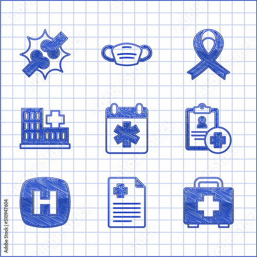 Set Doctor appointment, Patient record, First aid kit, Hospital signboard, building, Awareness ribbon and Joint pain, knee pain icon. Vector