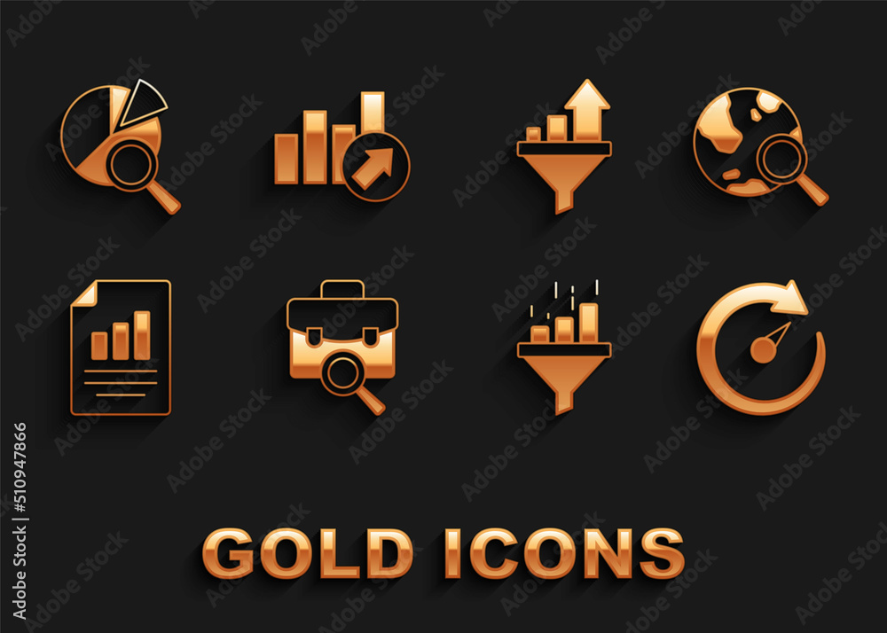 Set Work search, Search globe, Digital speed meter, Sales funnel with chart, Document graph, data analysis and Financial growth icon. Vector Set Work search, Search globe, Digital speed meter, Sales funnel with chart, Document graph, data analysis and Financial growth icon. Vector