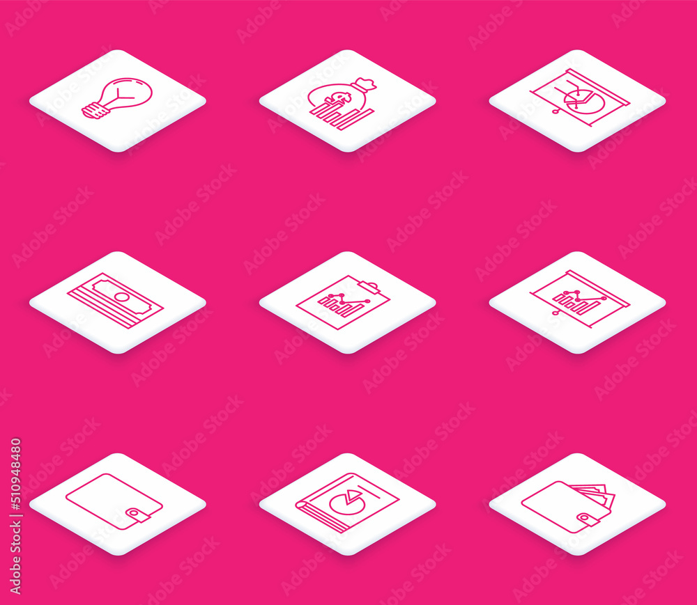 Set line Light bulb with concept of idea, Money bag and diagram graph, Board chart, Stacks paper money cash, Clipboard, Wallet and User manual icon. Vector Set line Light bulb with concept of idea, Money bag and diagram graph, Board chart, Stacks paper money cash, Clipboard, Wallet and User manual icon. Vector