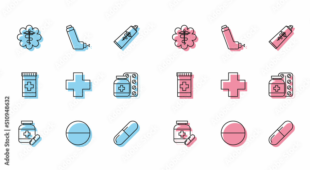 Set line Medicine bottle and pills, or tablet, Emergency star medical symbol Caduceus snake with stick, Cross hospital, and Inhaler icon. Vector Set line Medicine bottle and pills, or tablet, Emergency star medical symbol Caduceus snake with stick, Cross hospital, and Inhaler icon. Vector