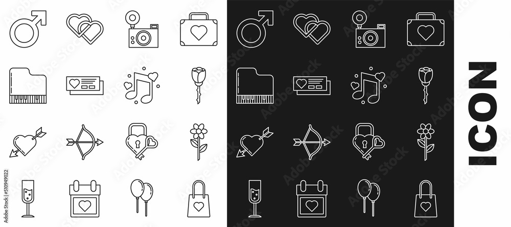 Set line Shopping bag with heart, Flower, rose, Photo camera, Ticket, Grand piano, Male gender symbol and Music note, tone hearts icon. Vector Set line Shopping bag with heart, Flower, rose, Photo camera, Ticket, Grand piano, Male gender symbol and Music note, tone hearts icon. Vector