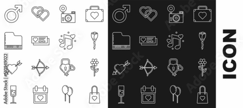 Set line Shopping bag with heart, Flower, rose, Photo camera, Ticket, Grand piano, Male gender symbol and Music note, tone hearts icon. Vector