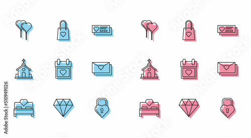 Set line Bedroom, Diamond, Balloons in form of heart with ribbon, Castle the shape, Calendar, Envelope Valentine, Church building and Shopping bag icon. Vector