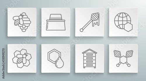 Set line Bee and honeycomb, Beekeeper with protect hat, Honeycomb, Hive for bees, dipper stick, dripping, map of the world and icon. Vector