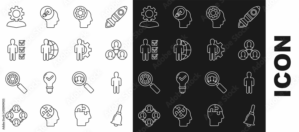 Set line Ringing bell, User of man business suit, Project team base, Human head with gear inside, Globe and people, and icon. Vector Set line Ringing bell, User of man business suit, Project team base, Human head with gear inside, Globe and people, and icon. Vector