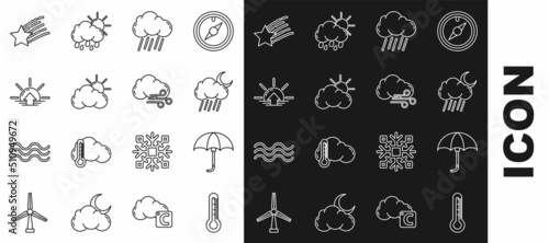 Set line Thermometer  Classic elegant opened umbrella  Cloud with rain and moon  Sun cloud weather  Sunrise  Falling star and Windy icon. Vector
