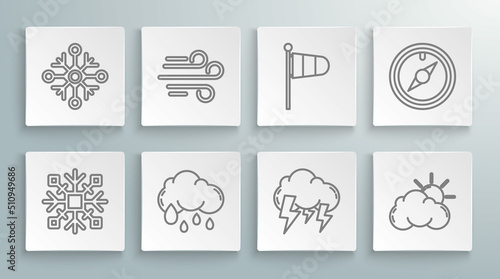 Set line Snowflake, Wind, Cloud with rain, Storm, Sun and cloud weather, Cone meteorology windsock wind vane, rose and icon. Vector