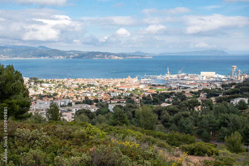 Panoramic aerial view on historical coastal Provencal city La Ciotat, summer vacation in Provence, France