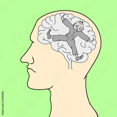Man in depression. Brain bursting with black thoughts. Vector
