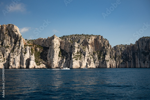 Limestone cliffs near Cassis, boat excursion to Calanques national park in Provence, France