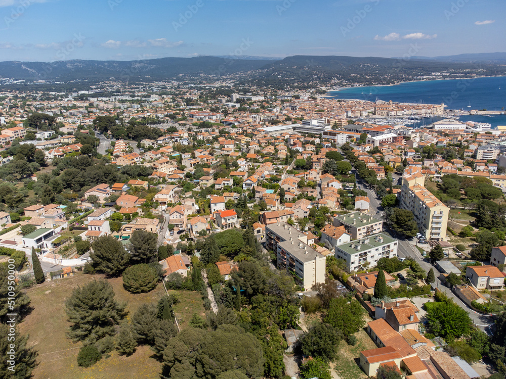 Aerial panoramic view on houses and sea near blue Calanque de Figuerolles in La Ciotat, Provence, France