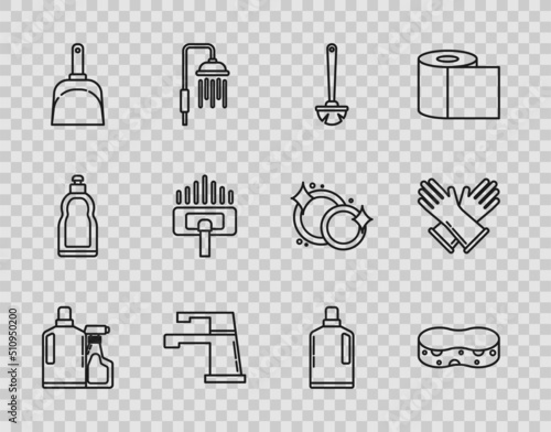 Set line Plastic bottles for liquid dishwashing liquid, Sponge, Toilet brush, Water tap, Dustpan, Vacuum cleaner, and Rubber gloves icon. Vector