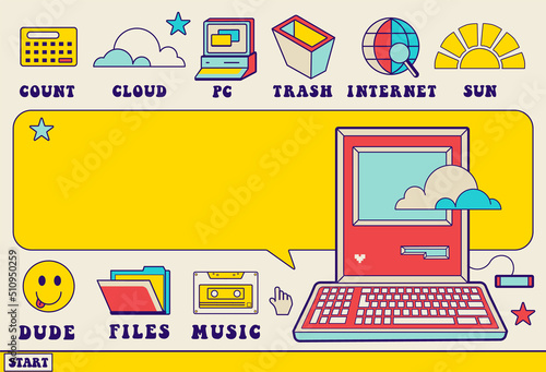 Retro groovy banner with desktop window and copy space.Old computer aesthetic illustration, fun style pc. Nostalgia cheerful user interface. Editable template with isolated icons.