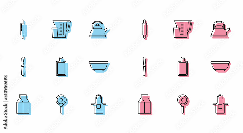 Set line Paper package for milk, Frying pan, Rolling pin, Kitchen apron, Cutting board, Bowl, Knife and Measuring cup icon. Vector Set line Paper package for milk, Frying pan, Rolling pin, Kitchen apron, Cutting board, Bowl, Knife and Measuring cup icon. Vector
