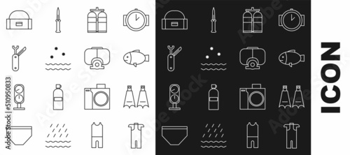 Set line Wetsuit for scuba diving, Rubber flippers swimming, Fish, Aqualung, Cold and waves, Swiss army knife, Case box container wobbler and Diving mask icon. Vector