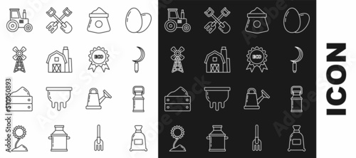 Set line Bag of flour, Can container for milk, Sickle, Farm House concept, Windmill, Tractor and Banner, label, tag, logo eco icon. Vector
