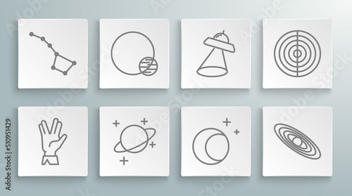 Set line Vulcan salute, Planet, Moon and stars, UFO flying spaceship, Earth structure and Great Bear constellation icon. Vector