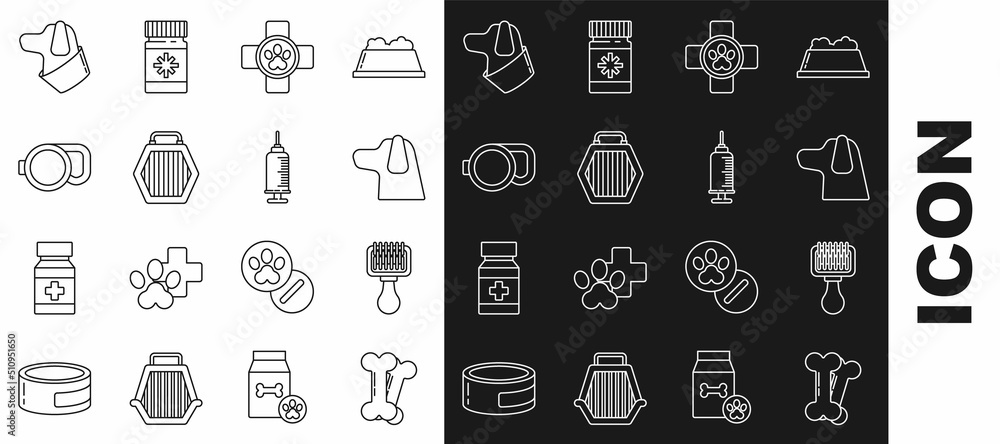 Set line Dog bone, Hair brush for dog and cat, Veterinary clinic symbol, Pet carry case, Retractable cord leash, and Syringe with pet vaccine icon. Vector Set line Dog bone, Hair brush for dog and cat, Veterinary clinic symbol, Pet carry case, Retractable cord leash, and Syringe with pet vaccine icon. Vector