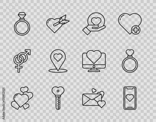 Set line Heart, Mobile phone with heart, hand, Key in shape, Wedding rings, Map pointer, Envelope and icon. Vector