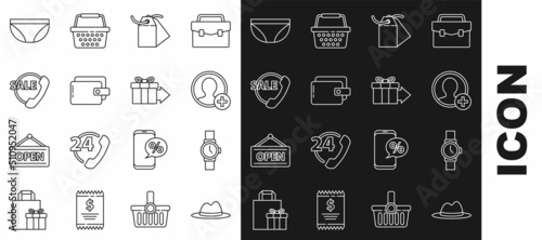 Set line Man hat with ribbon, Wrist watch, Create account screen, Blank label template price tag, Wallet, Telephone 24 hours support, Underwear and Gift box icon. Vector