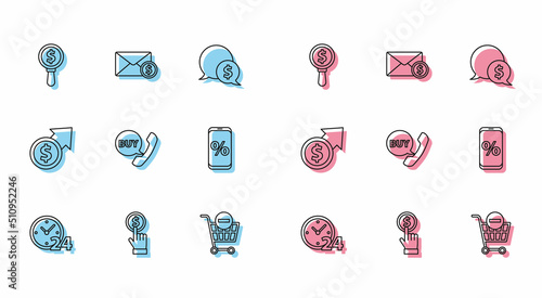 Set line Clock 24 hours, Hand holding coin, Magnifying glass dollar, Remove shopping cart, Phone speech bubble with Buy, Percent discount mobile, Financial growth and Envelope icon. Vector