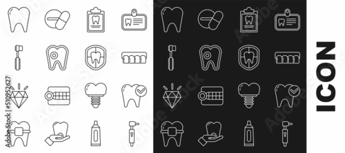 Set line Tooth drill, whitening concept, Dentures model, Clipboard with dental card, caries, Toothbrush, and Dental protection icon. Vector