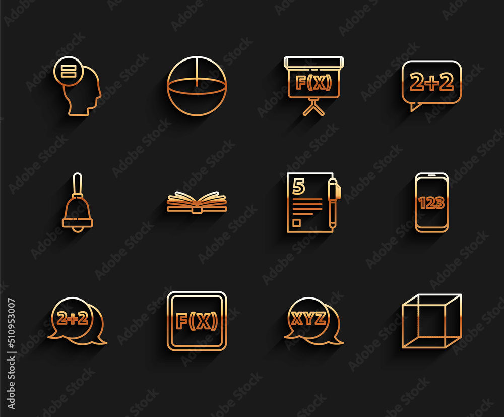Set line Geometric figure Cone, Equation solution, Test or exam sheet, Calculator, Function mathematical symbol, Mobile calculator interface, Book with word mathematics and Open book icon. Vector Set line Geometric figure Cone, Equation solution, Test or exam sheet, Calculator, Function mathematical symbol, Mobile calculator interface, Book with word mathematics and Open book icon. Vector