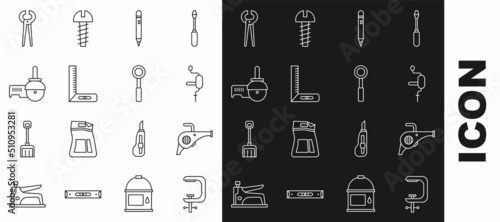Set line Clamp and screw tool, Leaf garden blower, Hand drill, Pencil with eraser, Corner ruler, Angle grinder, Pincers pliers and Wrench spanner icon. Vector