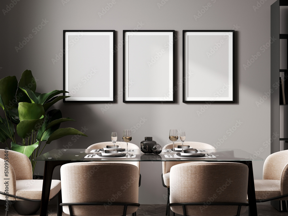Fototapeta premium poster three frames mock up in modern dining room interior with black table and chairs and gray wall with sunbeams, minimalist style, scandinavian, 3d rendering
