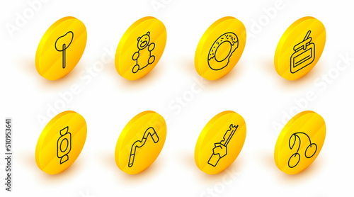 Set line Cherry, Bitten chocolate bar, Jelly worms candy, Candy, Jar of honey, Donut, bear and Lollipop icon. Vector