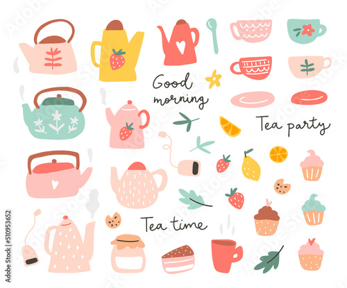 A set with teapot, cups, cupcakes isolated on a white background. Hand drawn flat vector illustration. Tea time lettering typography. Collection of graphic elements for your design.