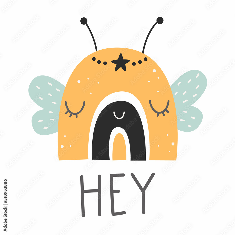 Rainbow with cute bee face and lettering HEY. Nursery art. Vector illustration Rainbow with cute bee face and lettering HEY. Nursery art. Vector illustration