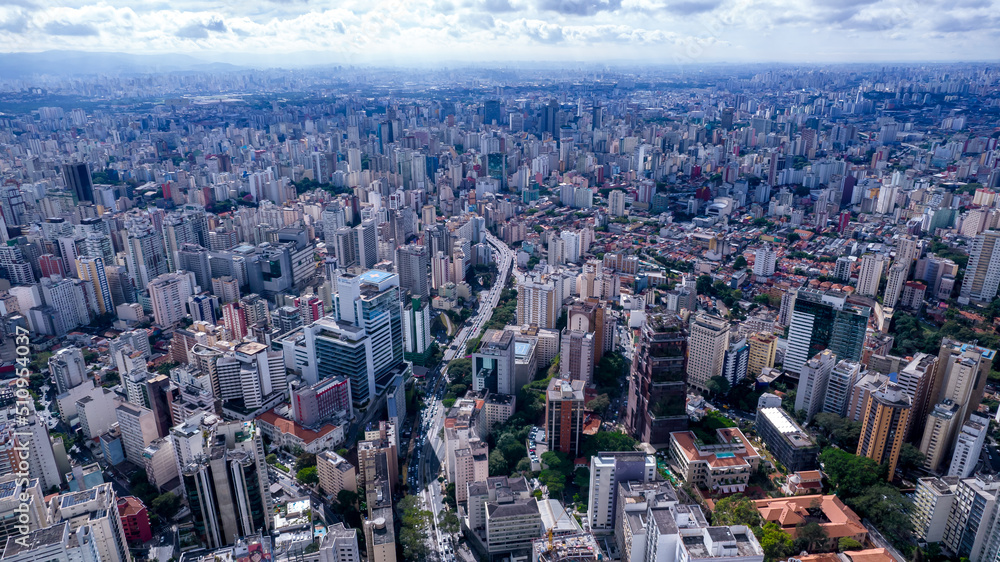 Aerial view of Av. Paulista in São Paulo, SP. Main avenue of the capital. With many radio antennas, commercial and residential buildings. Aerial view of the great city of São Paulo.
