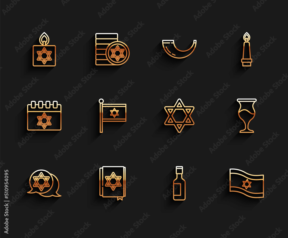Set line Star of David, Jewish torah book, Burning candle, wine bottle, Flag Israel, goblet and icon. Vector Set line Star of David, Jewish torah book, Burning candle, wine bottle, Flag Israel, goblet and icon. Vector
