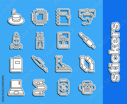 Set line School backpack, Socks, Audio jack, Spiral notebook, Pants with suspenders, Rocket ship, Man hat and Crossword icon. Vector
