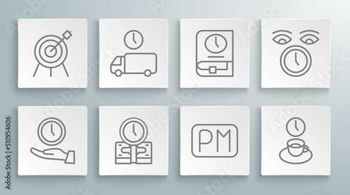 Set line Clock, Delivery time, Time is money, Day, Coffee, for book, and Target sport icon. Vector