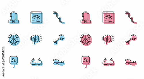Set line Bicycle parking, Sport cycling sunglasses, lock, shoes, head lamp, rear view mirror, wheel and rental mobile app icon. Vector