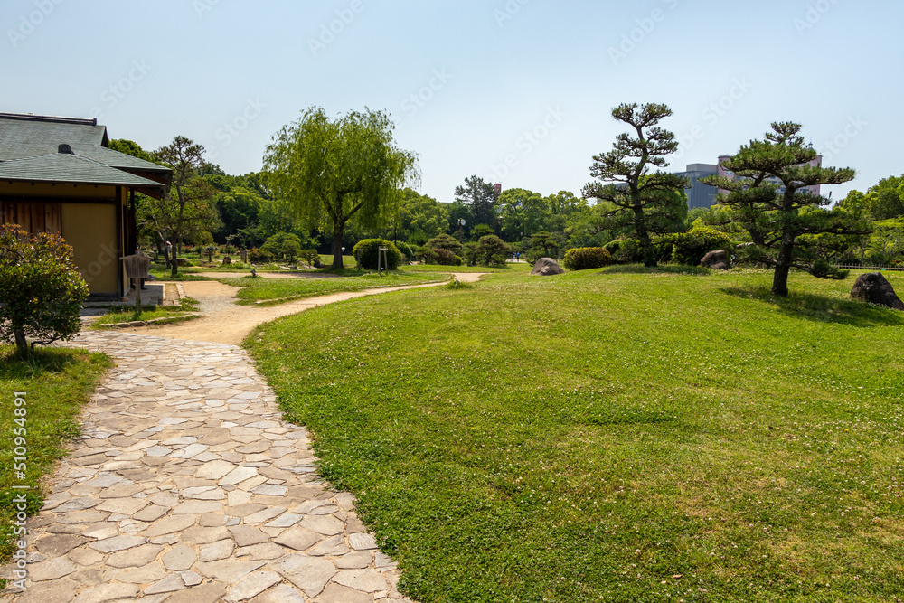 日本庭園の緑の芝生と小道 日本庭園の緑の芝生と小道